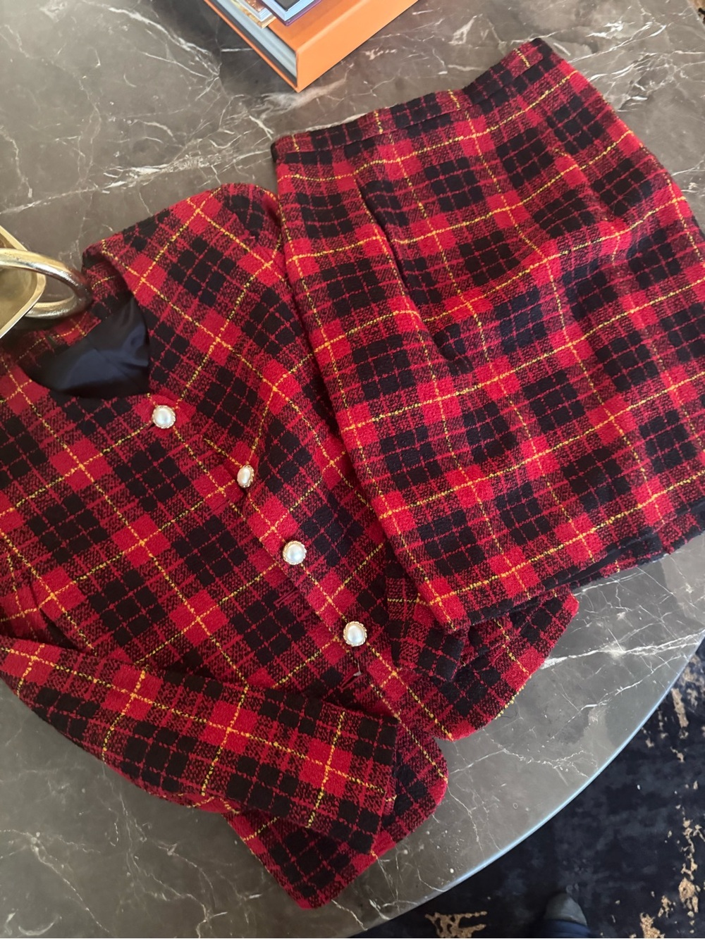 Red and Black Plaid Tweed Skirt Suit with Pearl Buttons